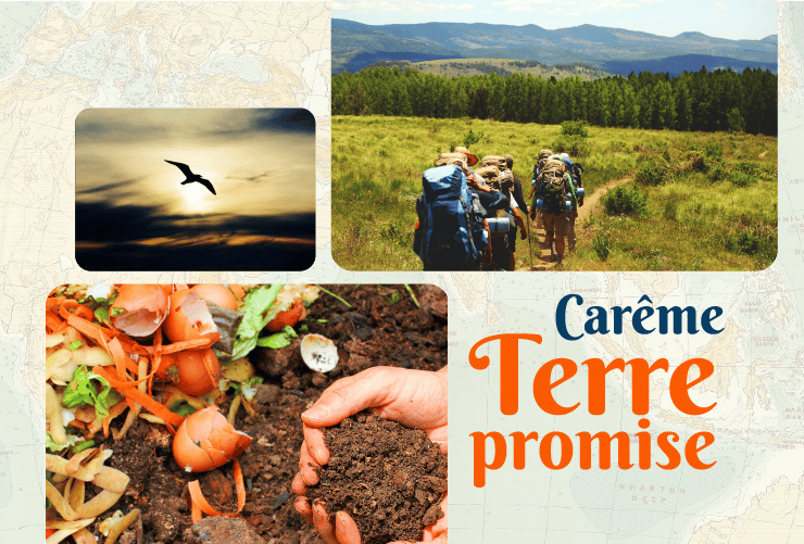 Affiche de la retraite en ligne "terre promise" - careme 2023 - prie en chemin et eglise verte